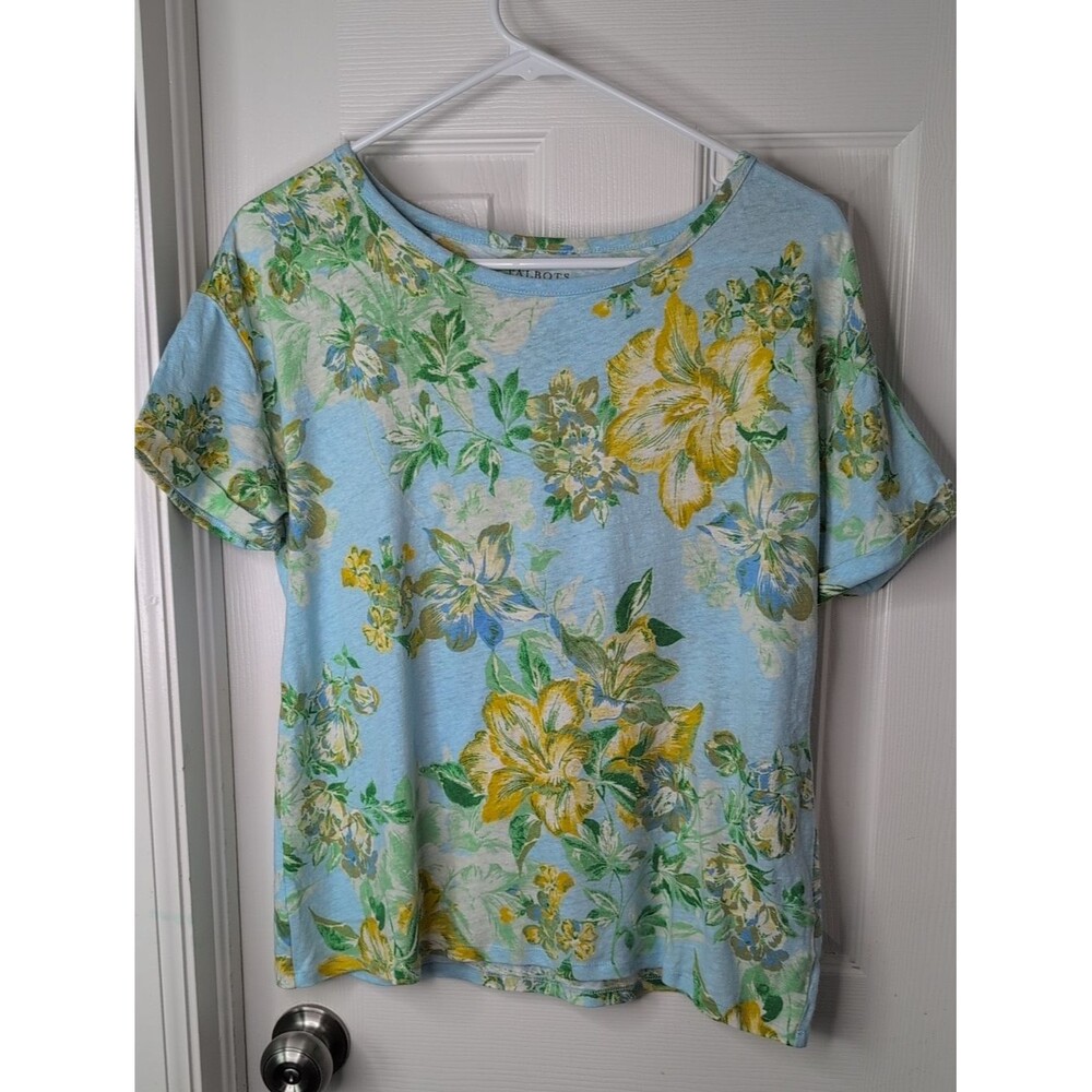 Talbots Linen Cotton Blend Light Blue Floral Short Sleeve Tee Size M
